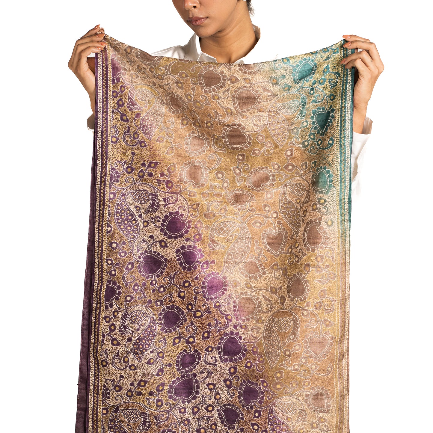 Peacock Paradise Kantha Scarf (With Purple Lining)