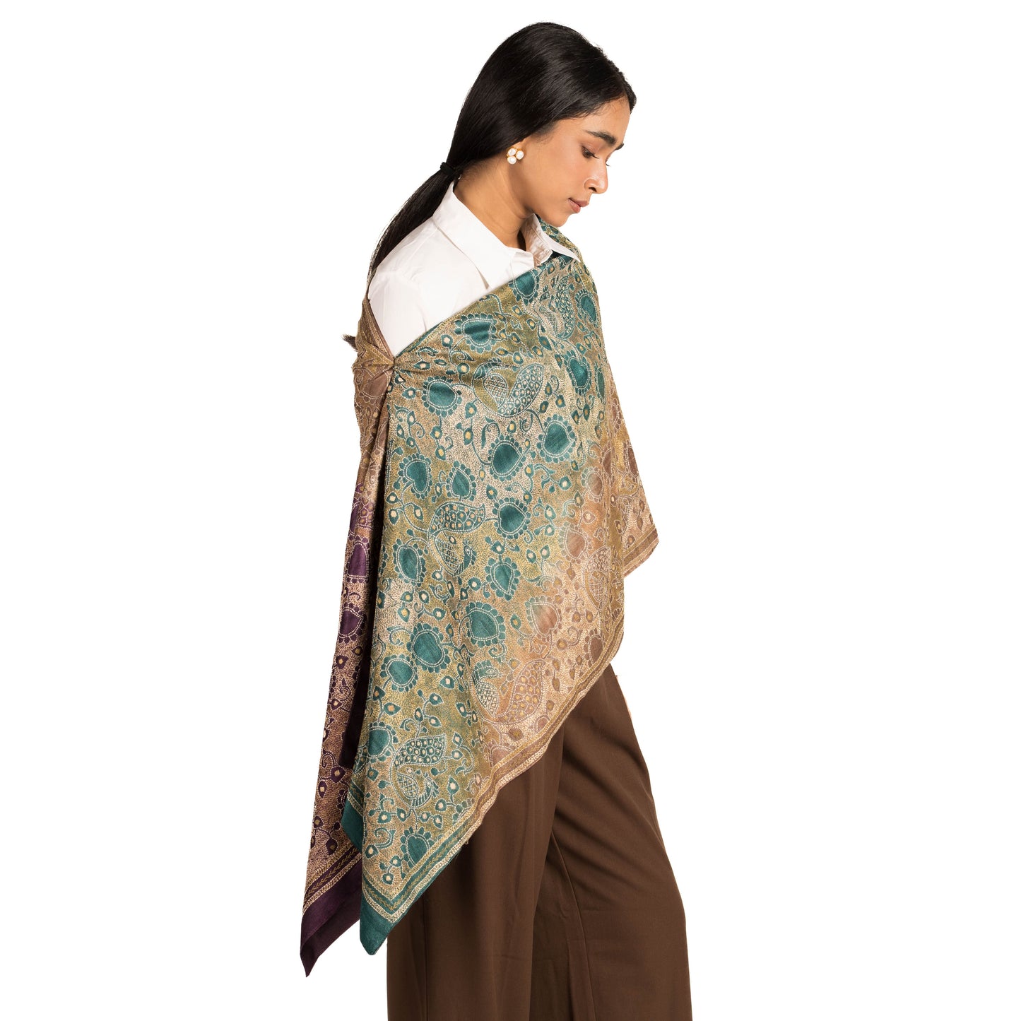 Peacock Paradise Kantha Scarf (With Purple Lining)
