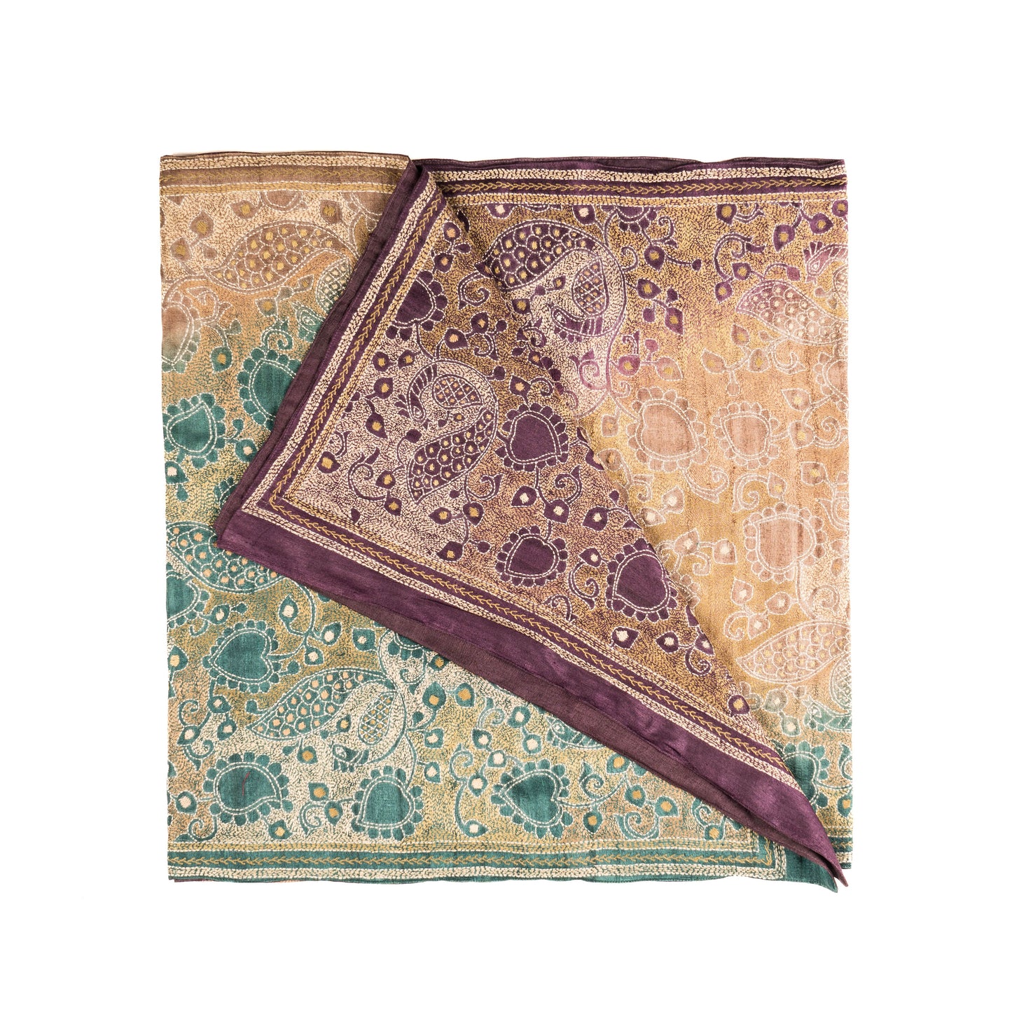 Peacock Paradise Kantha Scarf (With Purple Lining)