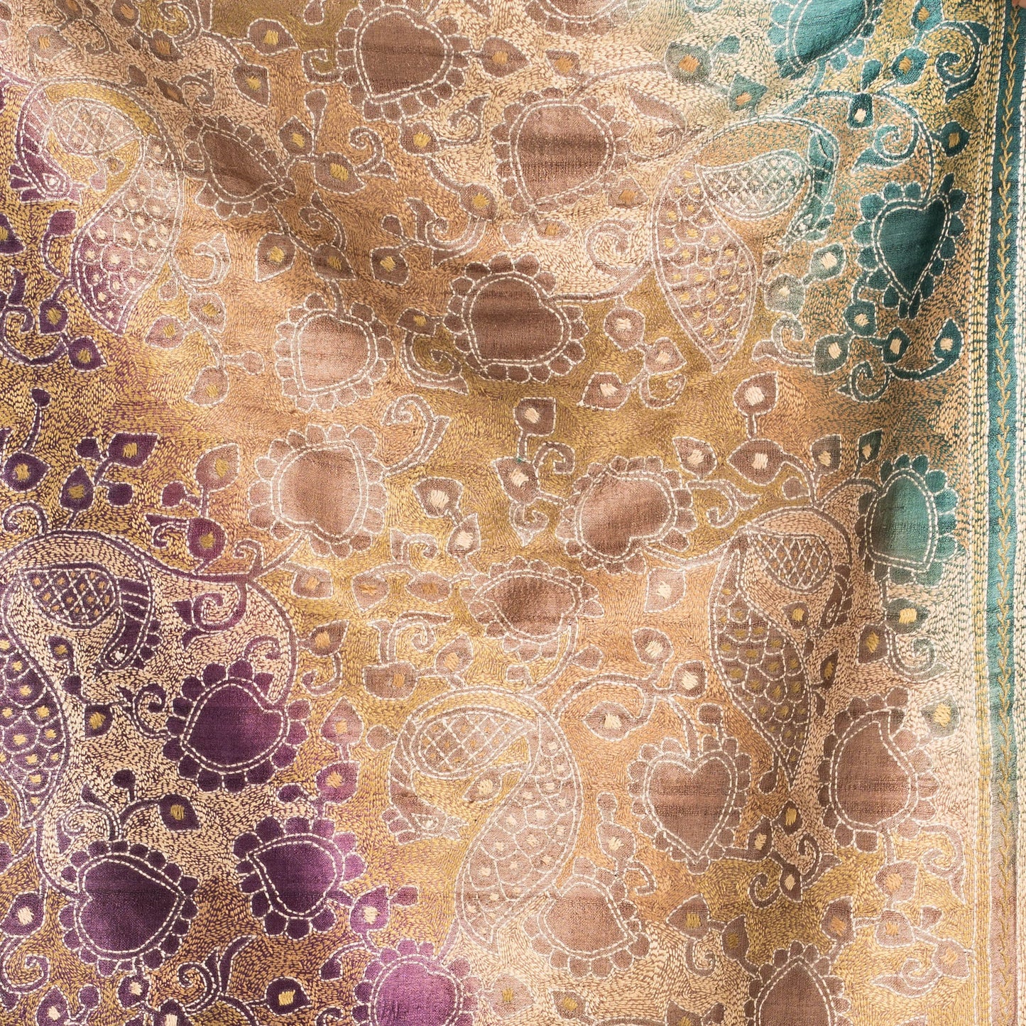 Peacock Paradise Kantha Scarf (With Purple Lining)