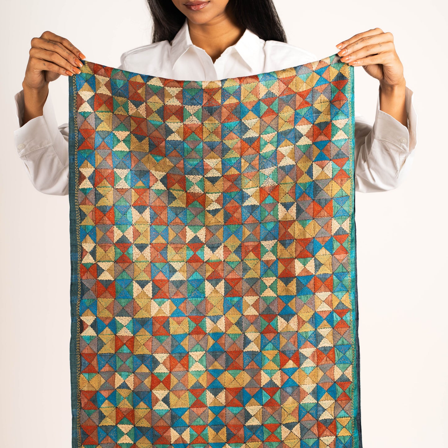 Triangles-at-play Kantha scarf (with indigo lining)