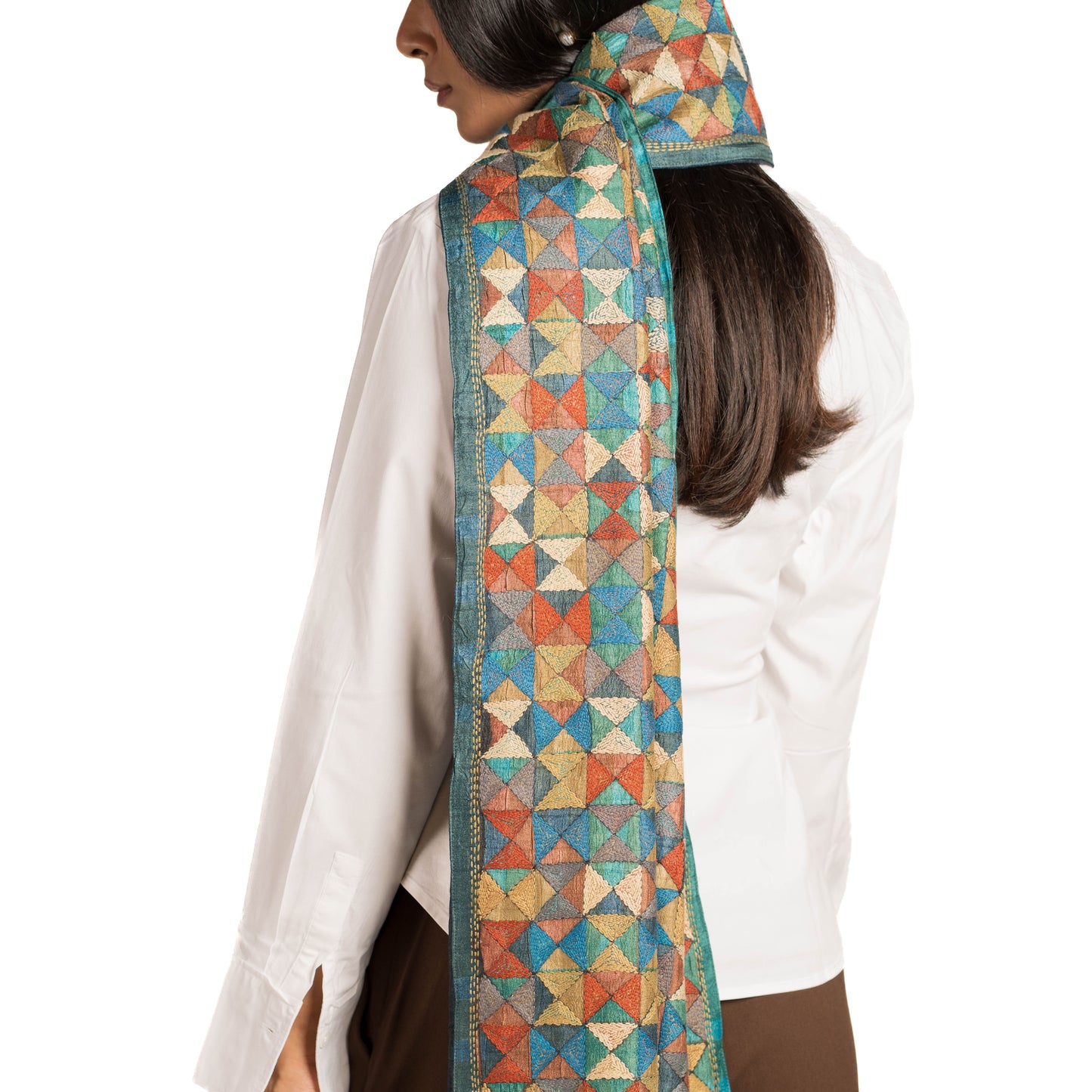 Triangles-at-play Kantha scarf (with indigo lining)