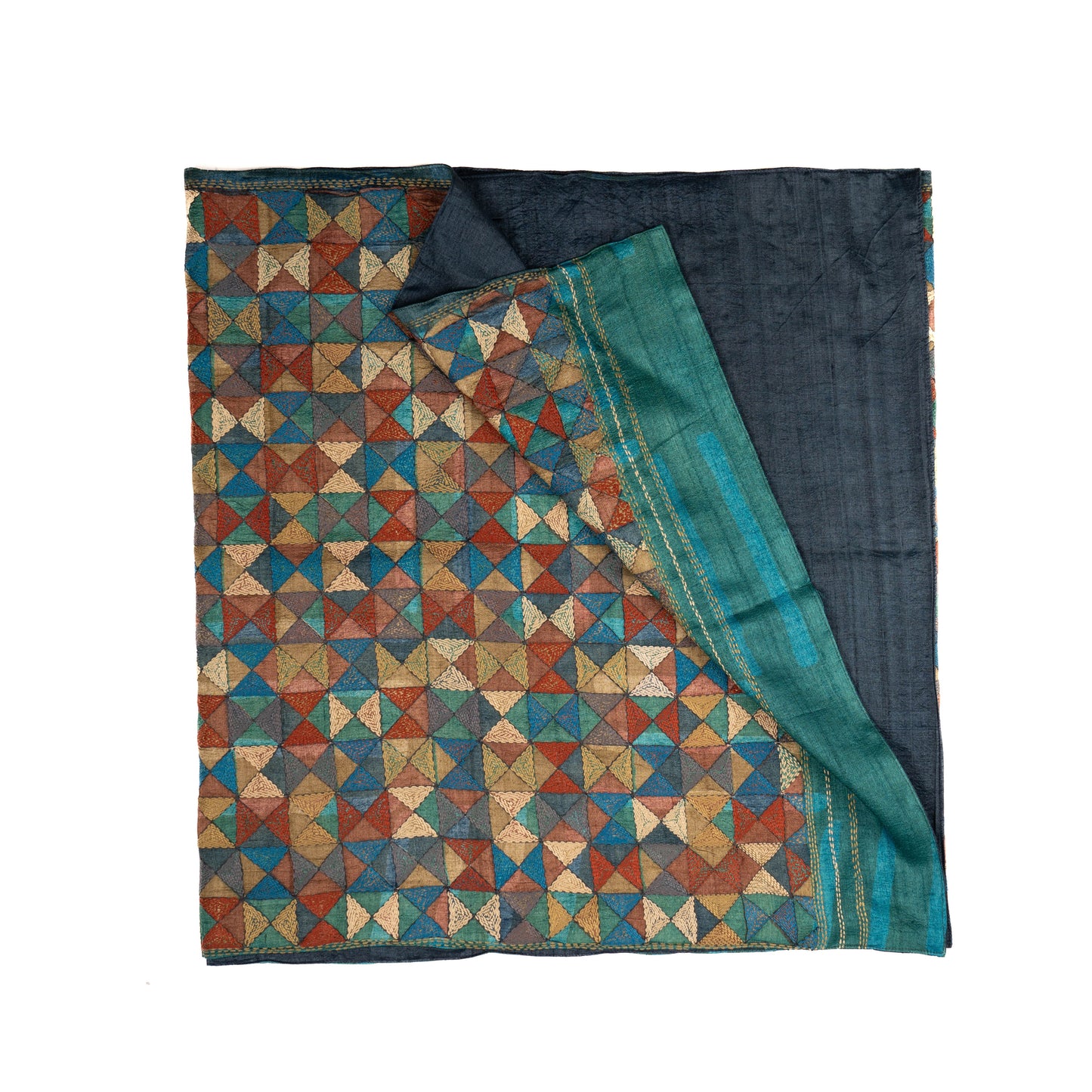 Triangles-at-play Kantha scarf (with indigo lining)