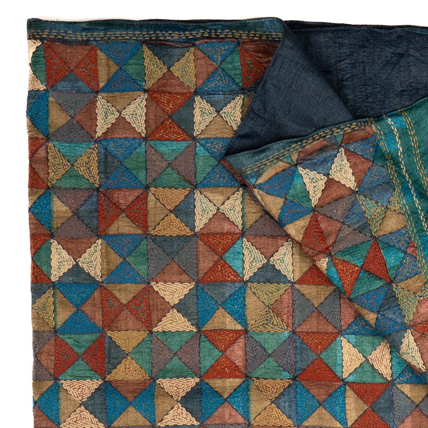 Triangles-at-play Kantha scarf (with indigo lining)