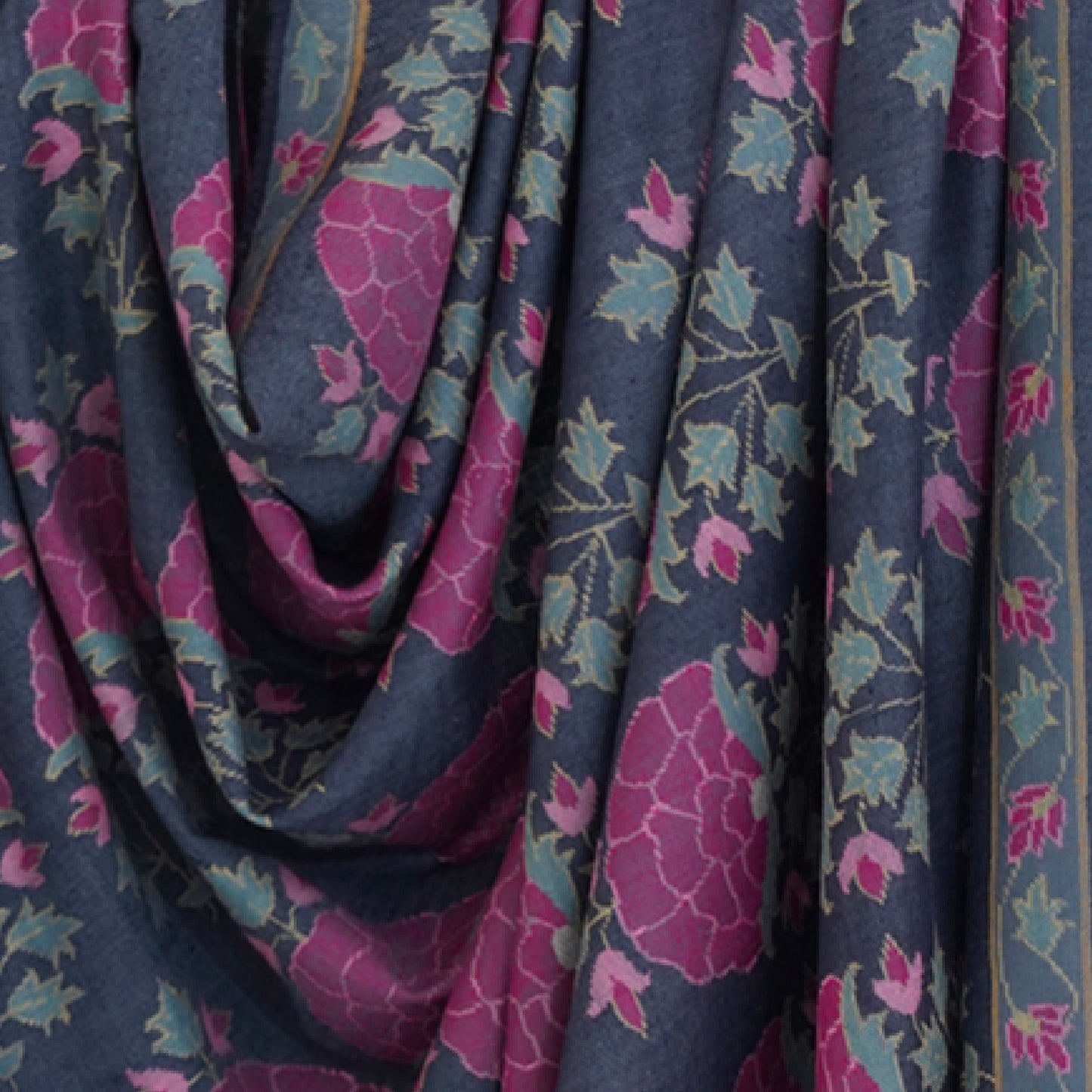 India, Kashmir Loom, Kani Ghulabdar Buta Jamawar Indigo Pink Shawl