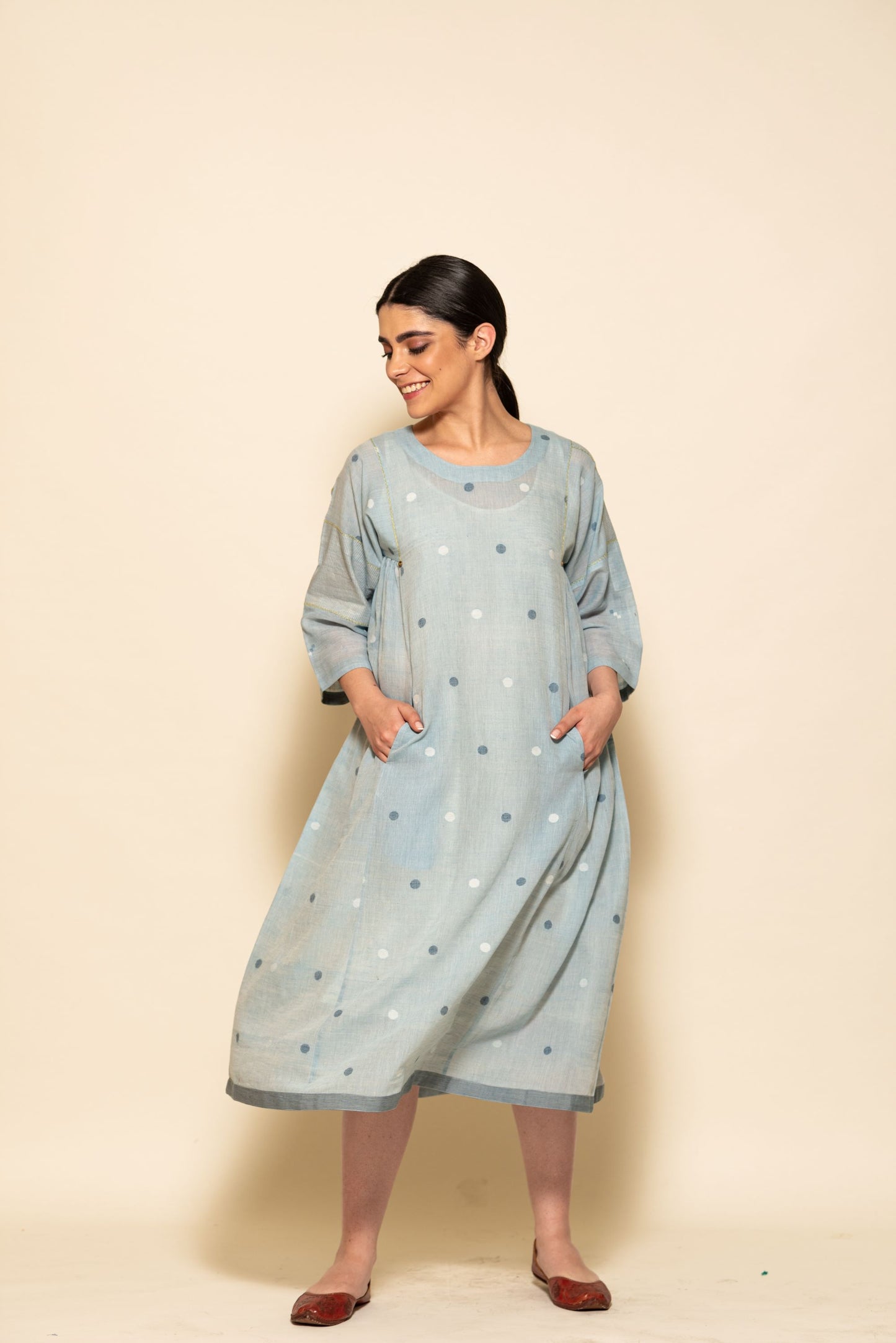 Powder Blue Small Circle Jamdani Side Gathered Patchwork Dress