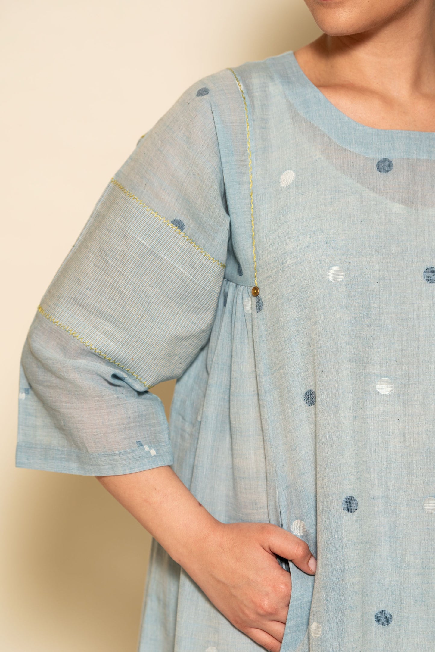Powder Blue Small Circle Jamdani Side Gathered Patchwork Dress