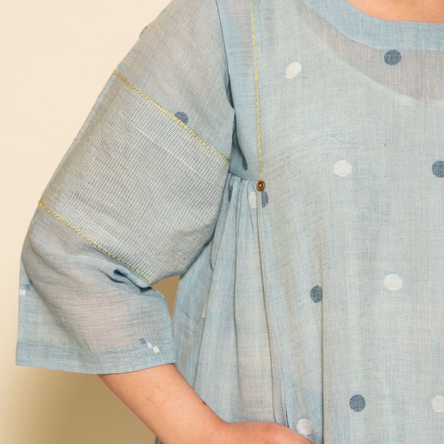 Karomi Crafts & Textiles, Powder Blue Small Circle Jamdani Side Gathered Patchwork Dress
