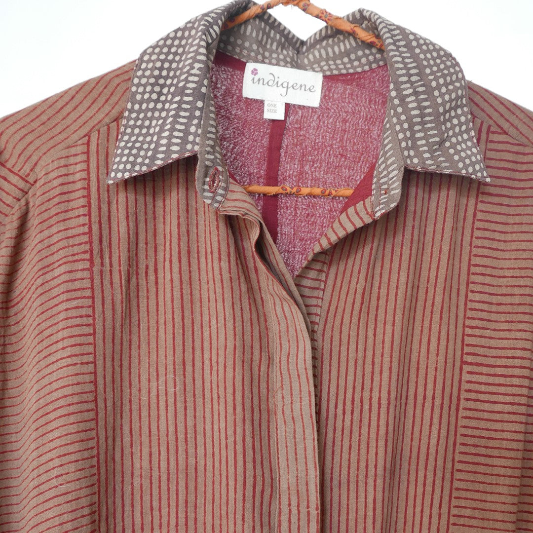 India, Indigene, Over Sized Collar Dress Natural Dye Stripe Printed (Rust)