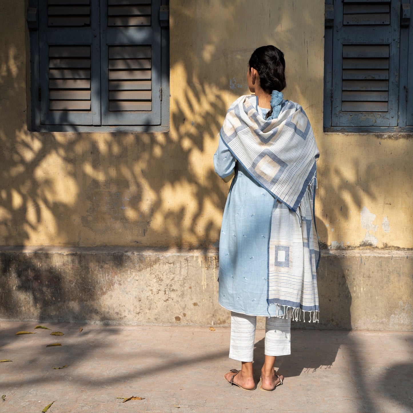 India, Karomi Crafts & Textiles, Off White Double Square Jamdani Stole