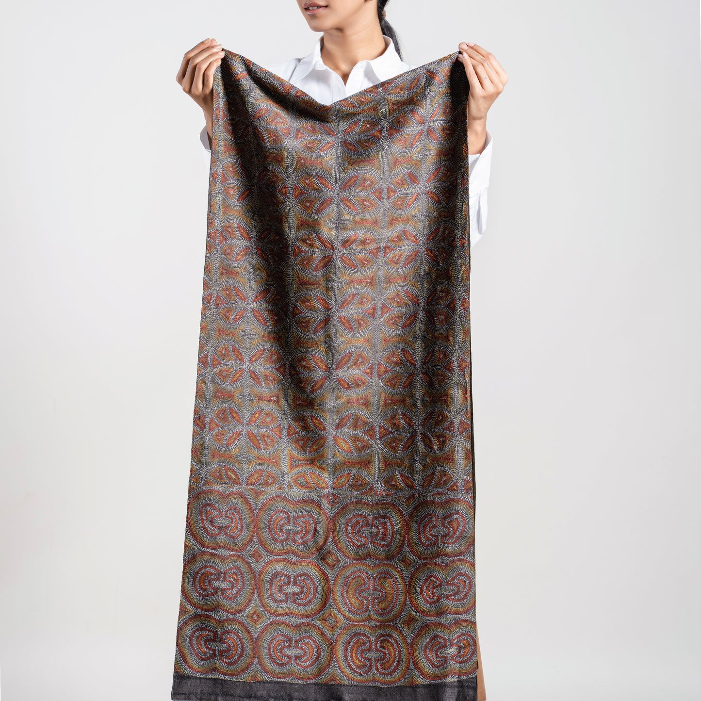 Monsoon Blossoms Kantha Scarf (with indigo-green lining)