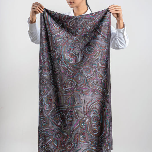 Artisanal Strokes Kantha Scarf (with chocolate-brown lining)