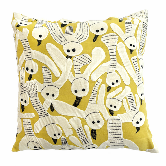 India, Muuyee, Busy Safed Panchhis Cushion Cover