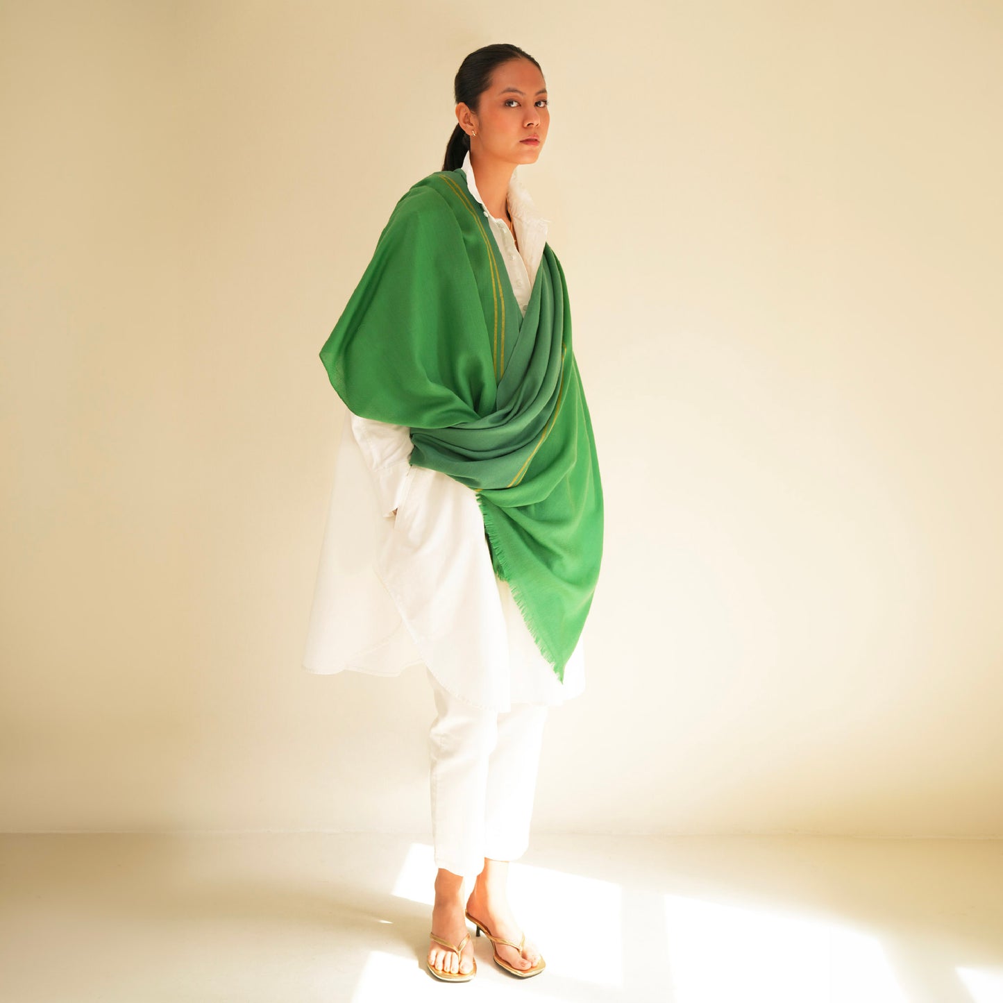 India, Kashmir Loom, Fifty-Fifty Emerald Shawl