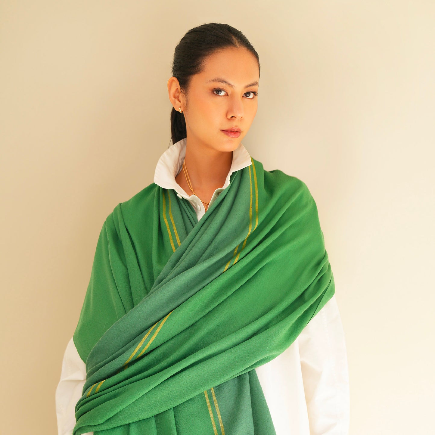 India, Kashmir Loom, Fifty-Fifty Emerald Shawl