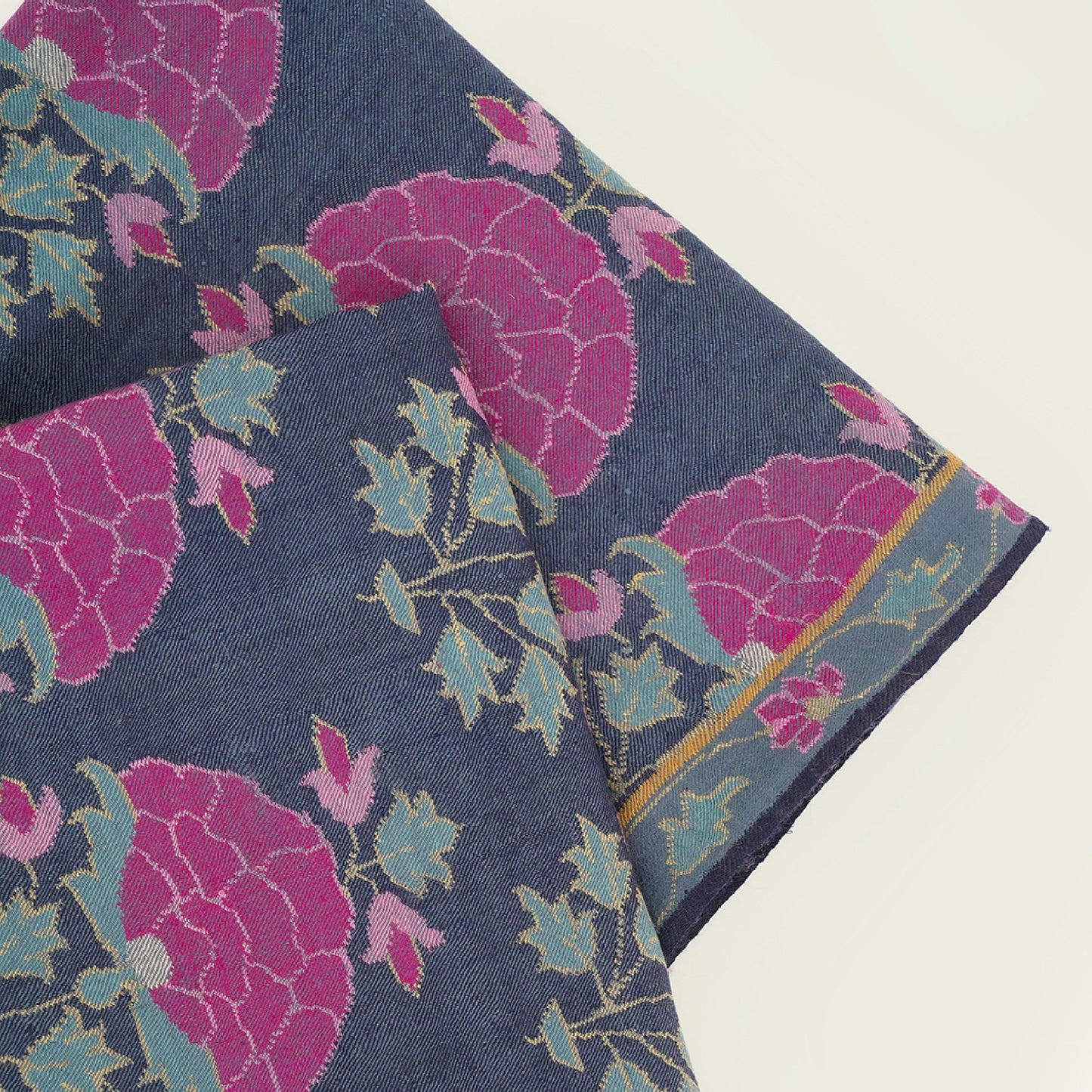 India, Kashmir Loom, Kani Ghulabdar Buta Jamawar Indigo Pink Shawl