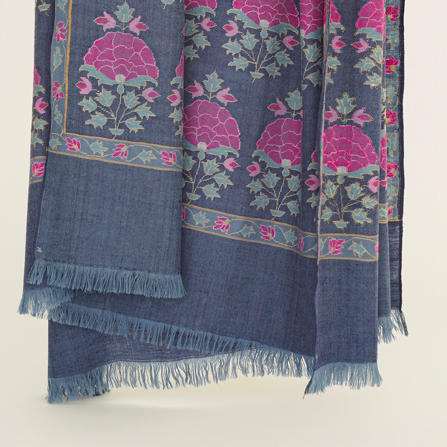 India, Kashmir Loom, Kani Ghulabdar Buta Jamawar Indigo Pink Shawl