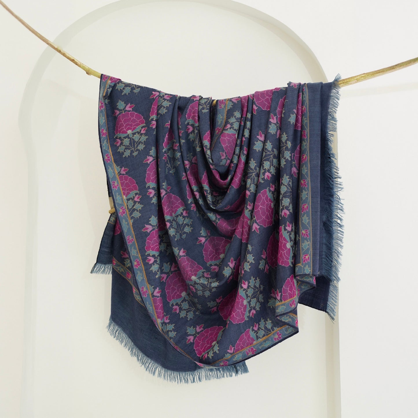 India, Kashmir Loom, Kani Ghulabdar Buta Jamawar Indigo Pink Shawl
