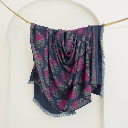India, Kashmir Loom, Kani Ghulabdar Buta Jamawar Indigo Pink Shawl