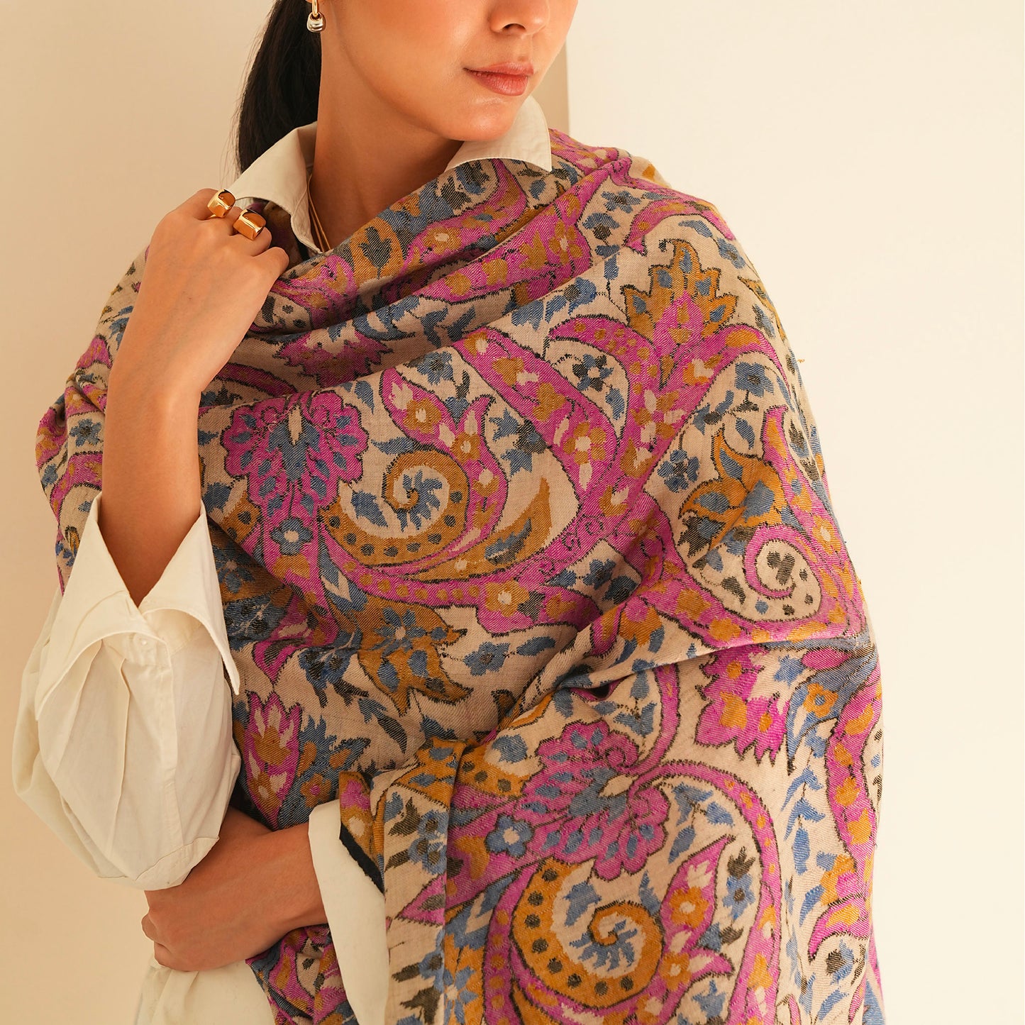India, Kashmir Loom, Kani Kanikar Natural Multi Shawl