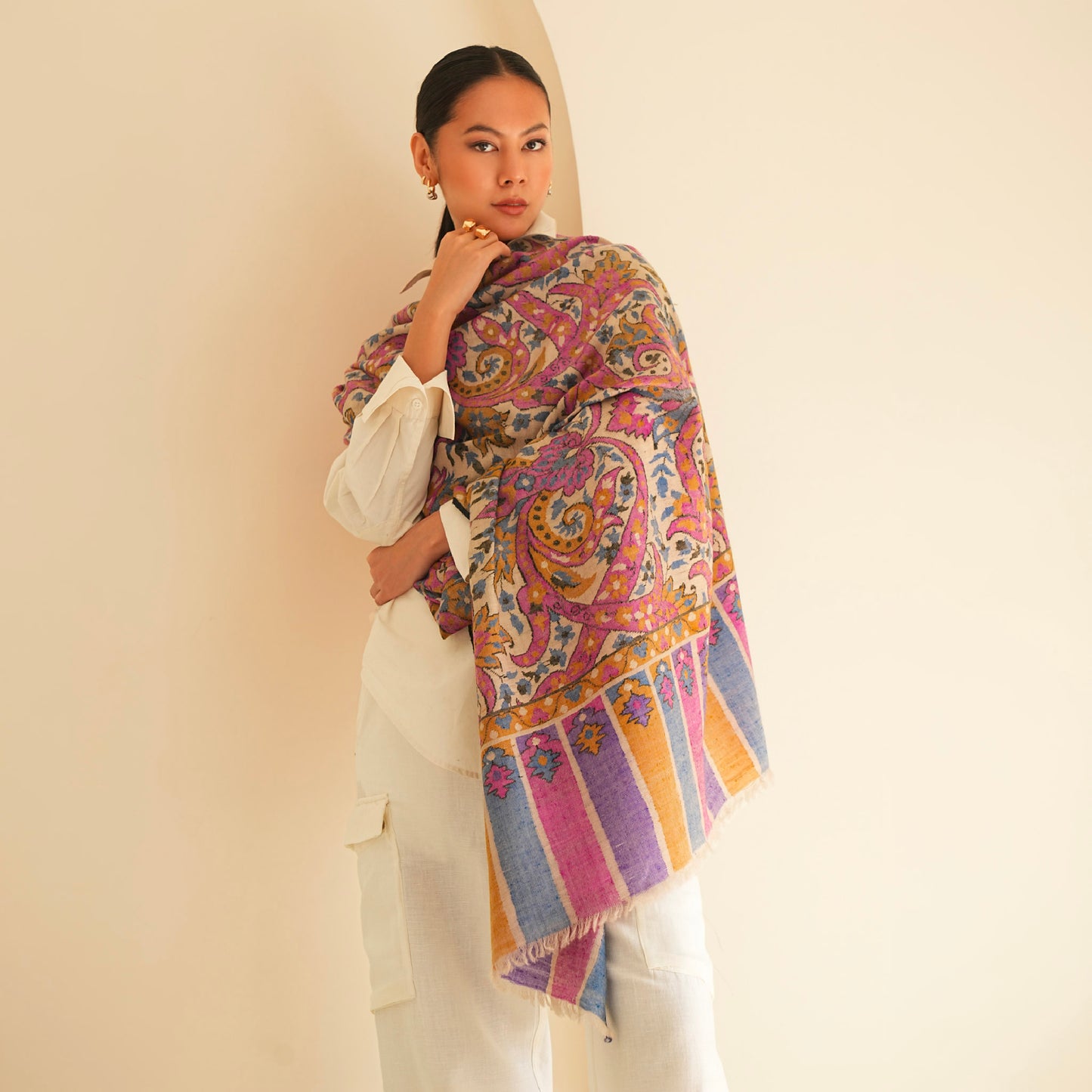 India, Kashmir Loom, Kani Kanikar Natural Multi Shawl