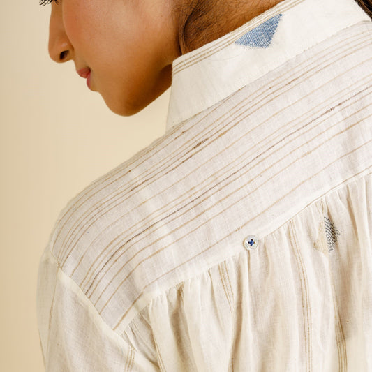 India, Karomi Crafts & Textiles, Off-White Random Diamond Patchworked Placket Shirt Dress/Tunic