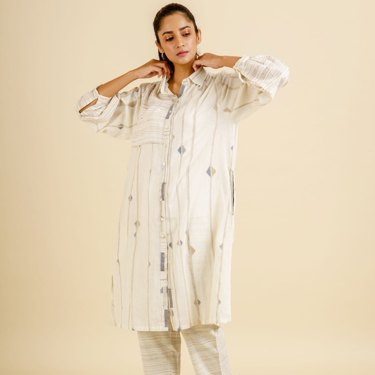 India, Karomi Crafts & Textiles, Off-White Random Diamond Patchworked Placket Shirt Dress/Tunic