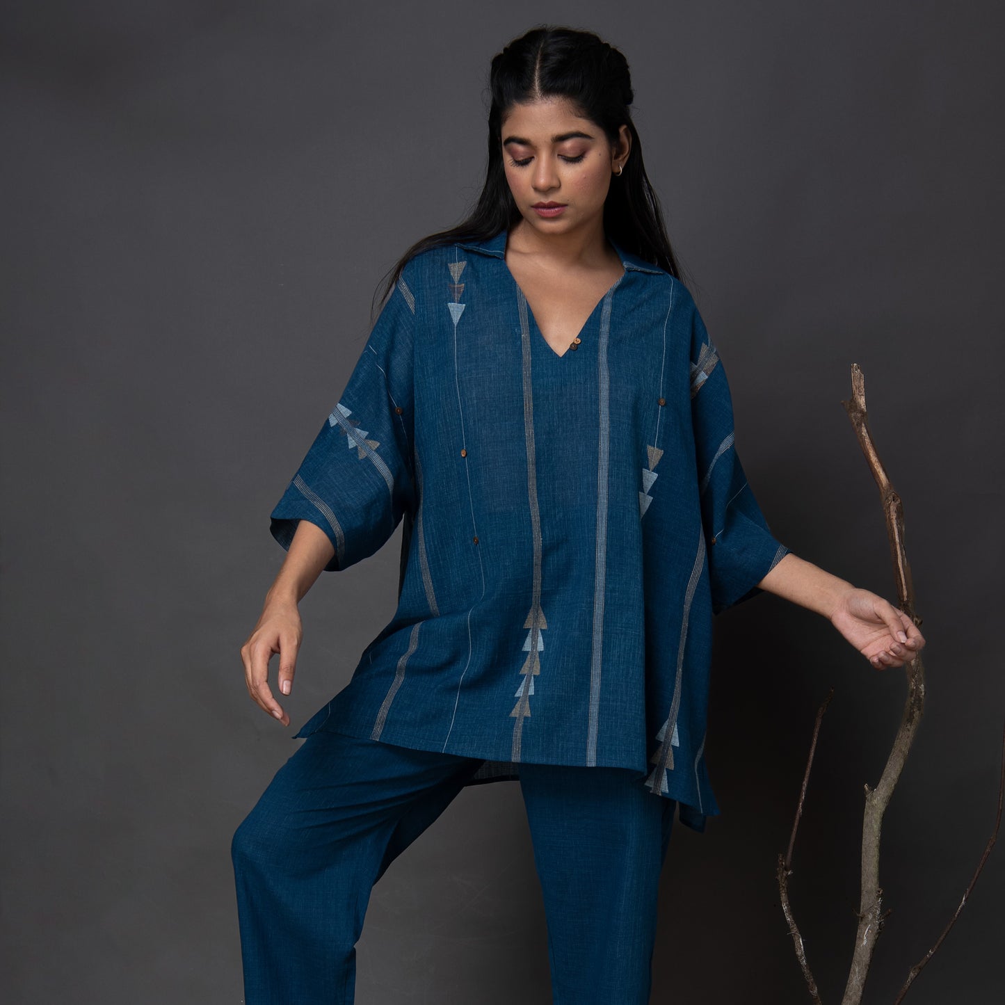 India, Karomi Crafts & Textiles, Indigo Random Triangle Jamdani A-Line Top