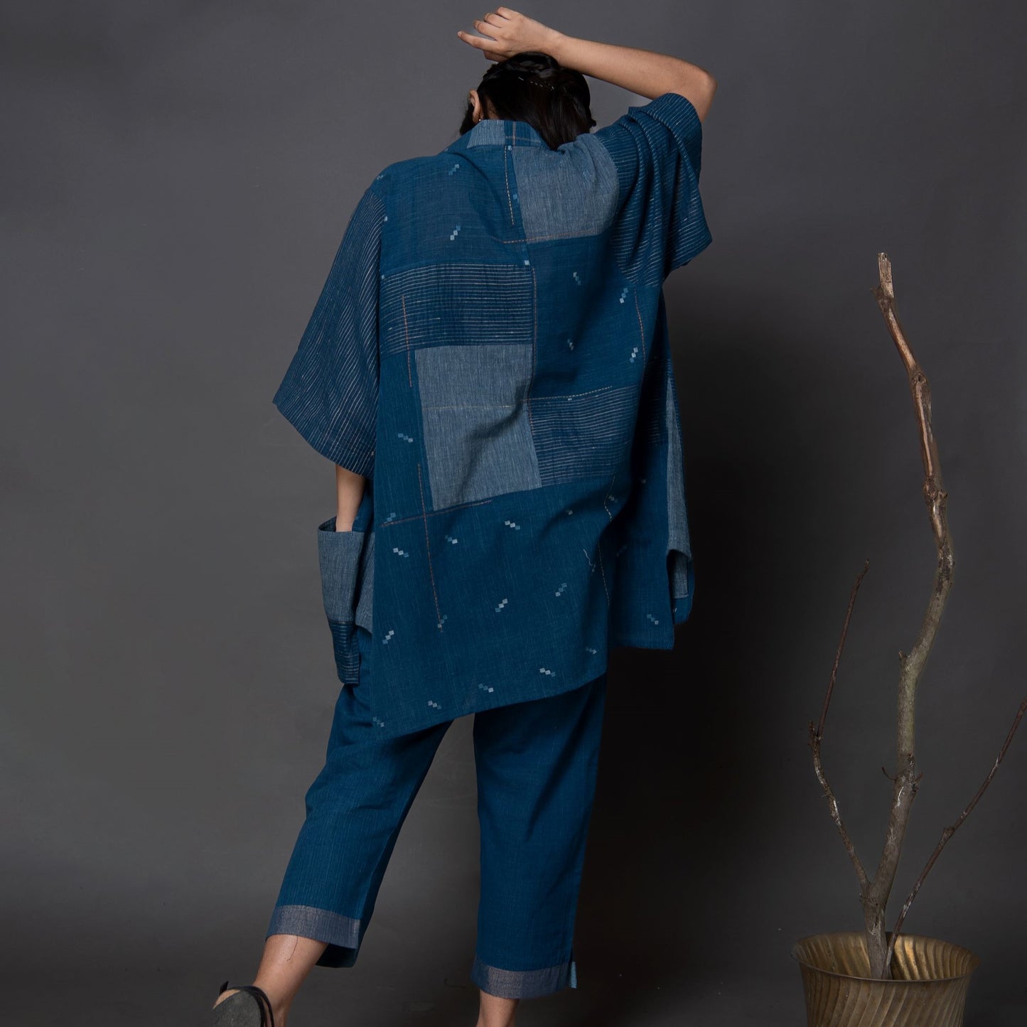 India, Karomi Crafts & Textiles, Indigo Triple Square Patchwork Jamdani Boxy Overlay