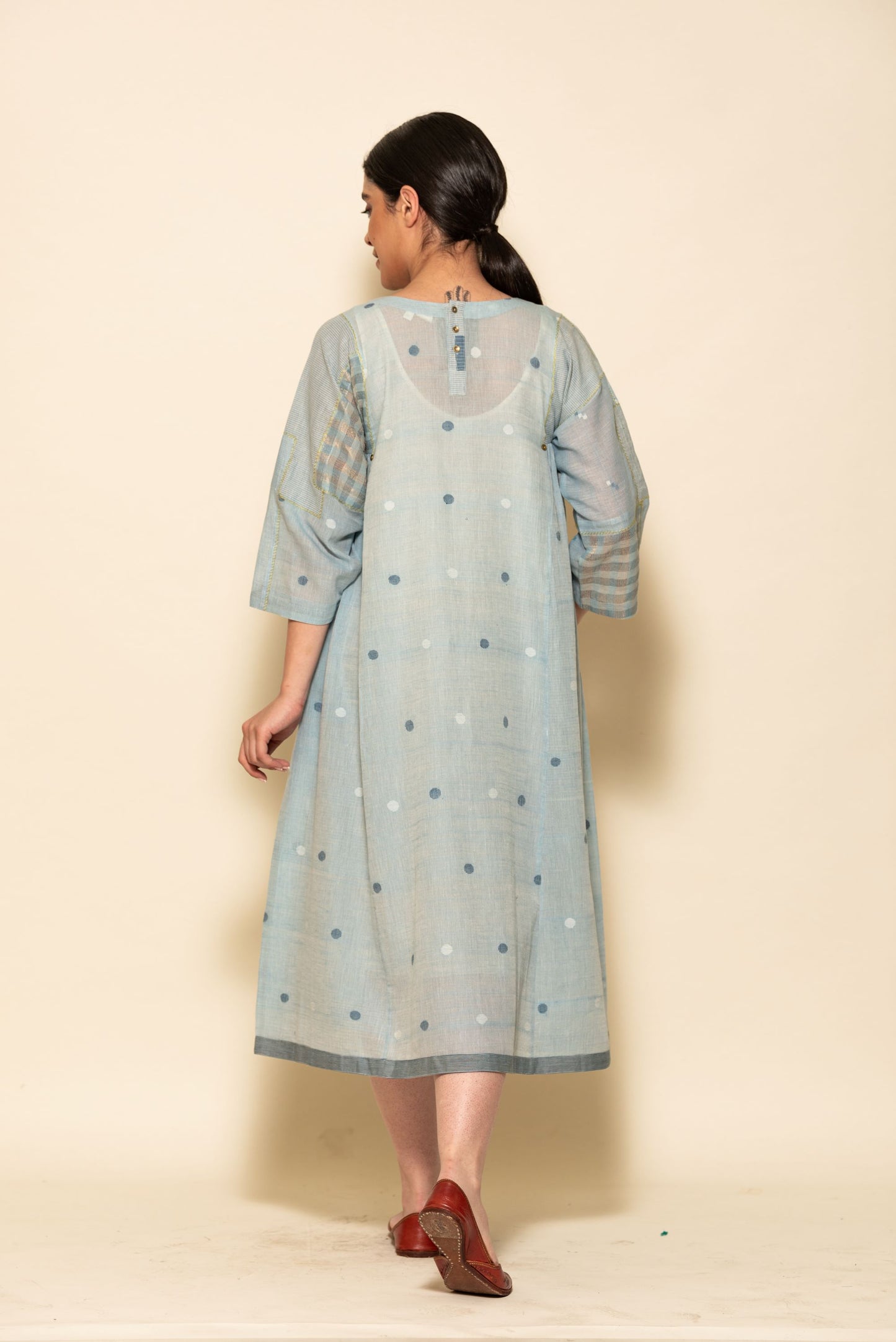 Powder Blue Small Circle Jamdani Side Gathered Patchwork Dress