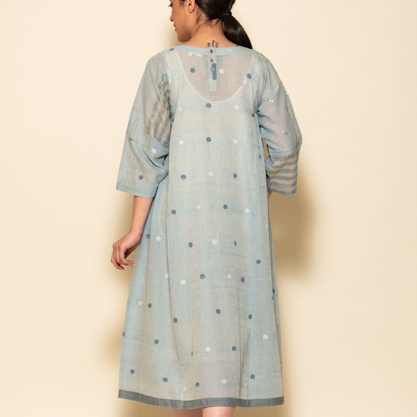 India, Karomi Crafts & Textiles, Powder Blue Small Circle Jamdani Side Gathered Patchwork Dress
