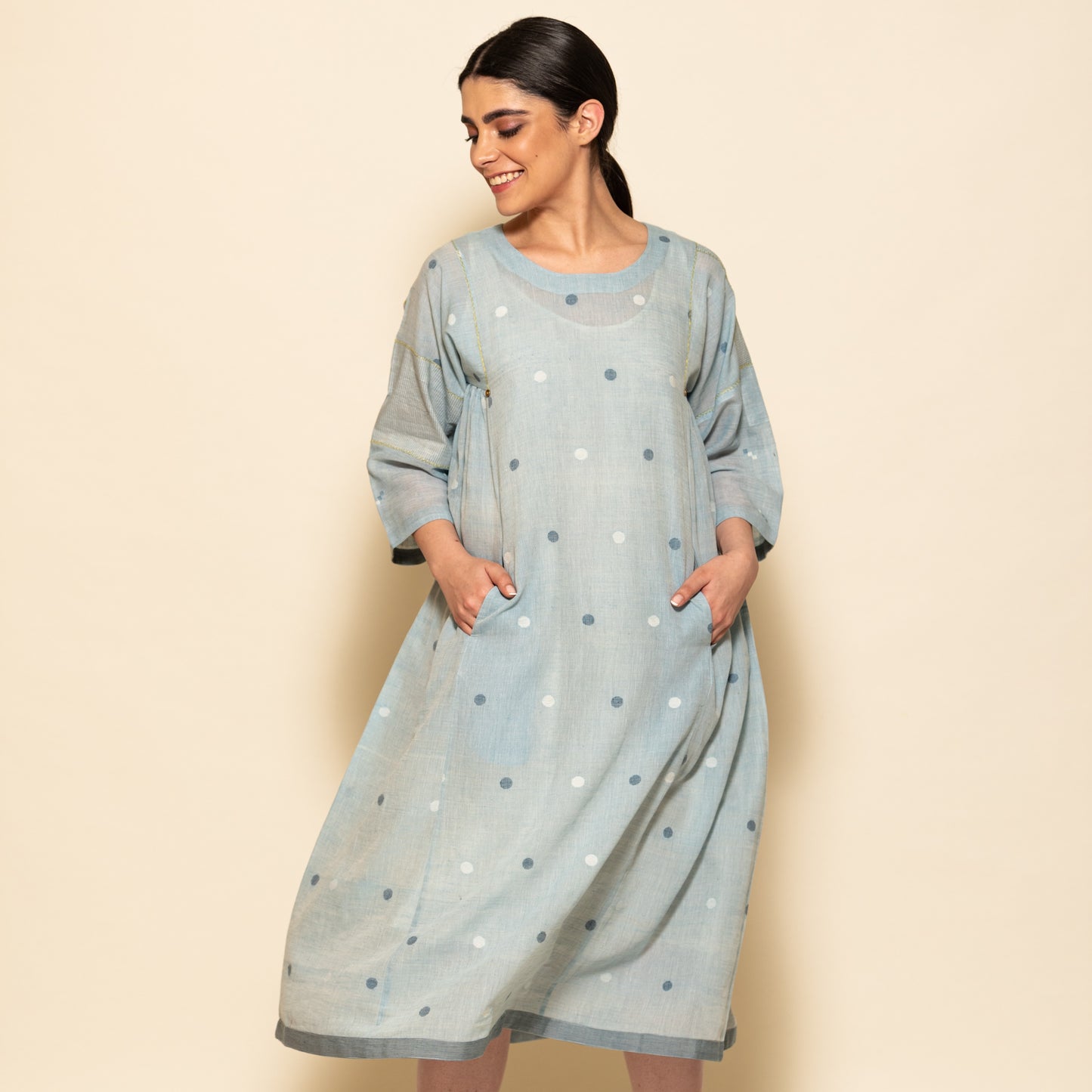 India, Karomi Crafts & Textiles, Powder Blue Small Circle Jamdani Side Gathered Patchwork Dress