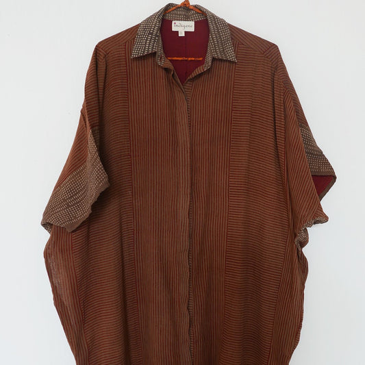 India, Indigene, Over Sized Collar Dress Natural Dye Stripe Printed (Rust)