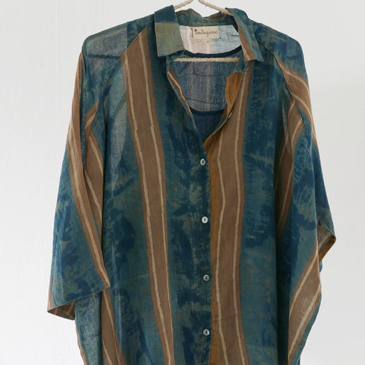 India, Indigene, Hand Printed Kimono Button Down oversized Shirts w/ under slip (Blue Ochre Stripes)