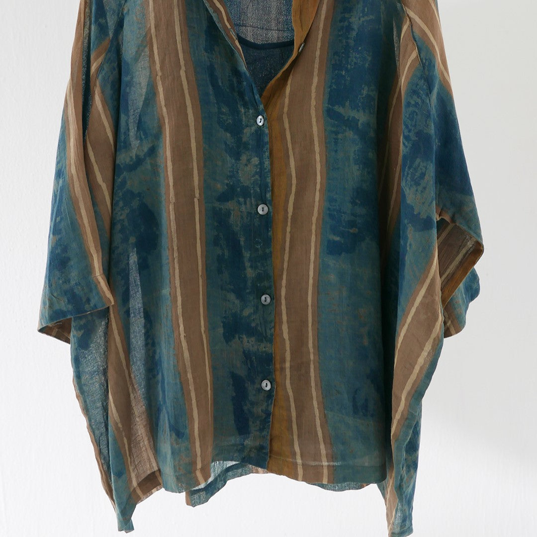 India, Indigene, Hand Printed Kimono Button Down oversized Shirts w/ under slip (Blue Ochre Stripes)