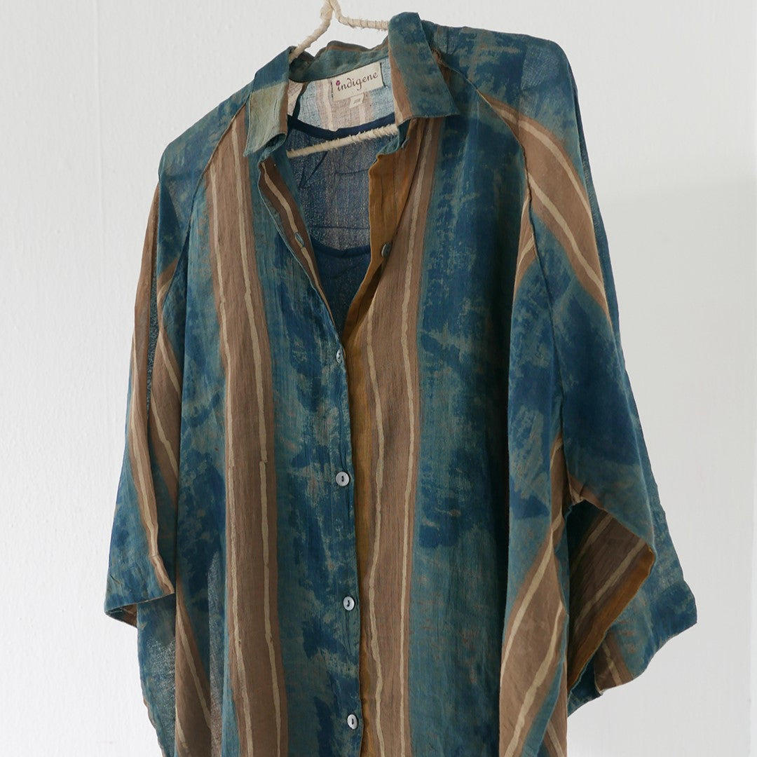 India, Indigene, Hand Printed Kimono Button Down oversized Shirts w/ under slip (Blue Ochre Stripes)