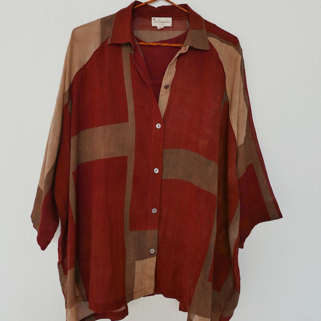 India, Indigene, Hand Printed Kimono Button Down oversized Shirts w/ under slip (Rust Clay Blocks)