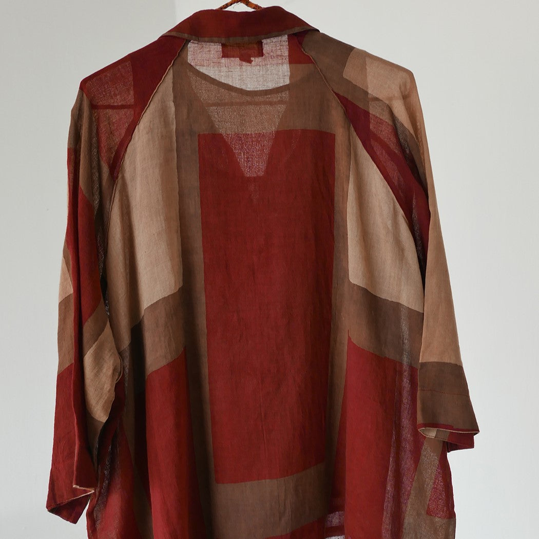 India, Indigene, Hand Printed Kimono Button Down oversized Shirts w/ under slip (Rust Clay Blocks)