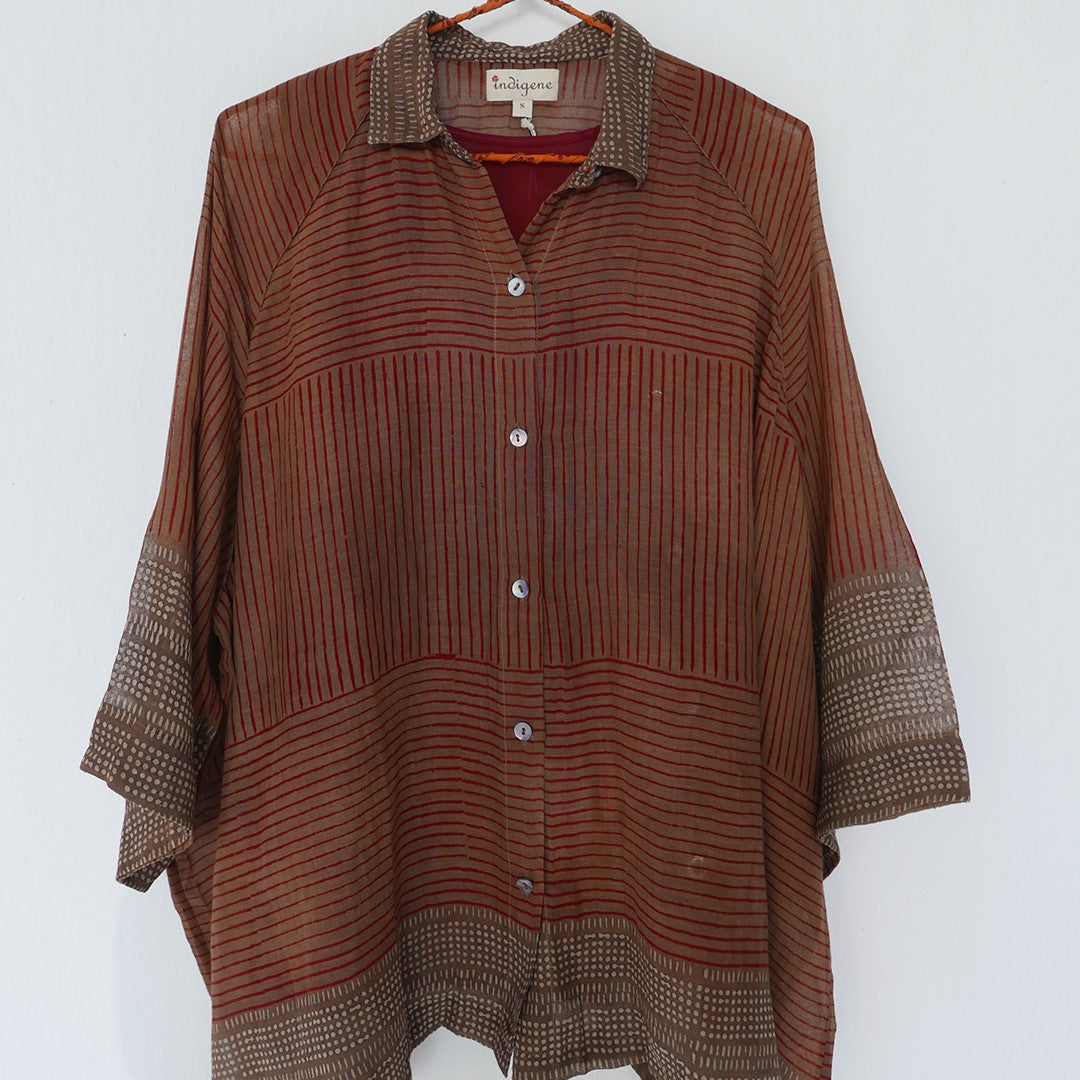 India, Indigene, Hand Printed Kimono Button Down oversized Shirts w/ under slip (Red/ clay Pinstripes)