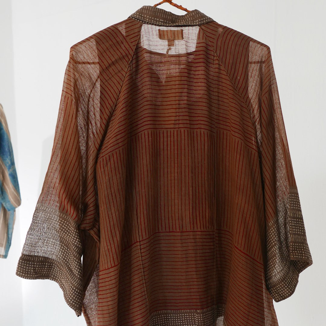 India, Indigene, Hand Printed Kimono Button Down oversized Shirts w/ under slip (Red/ clay Pinstripes)