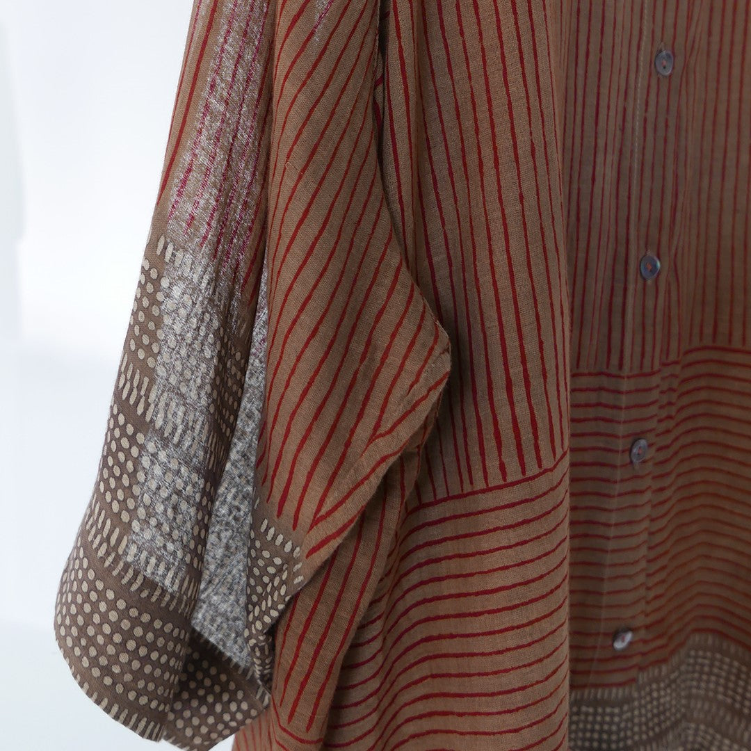 India, Indigene, Hand Printed Kimono Button Down oversized Shirts w/ under slip (Red/ clay Pinstripes)