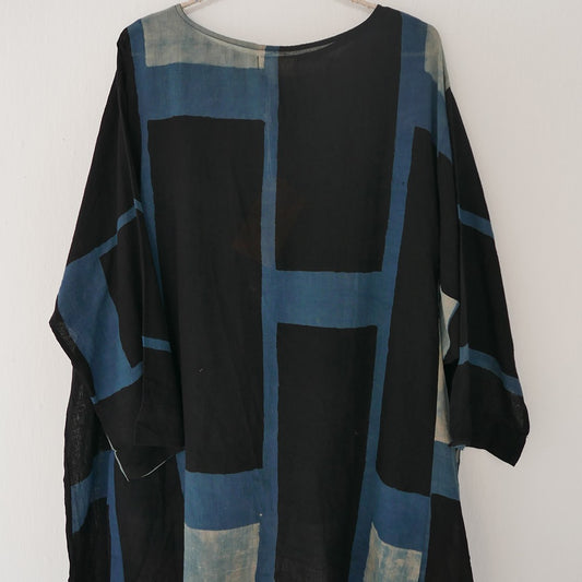 India, Indigene, Kimono Placket tunic w/ under slip (Indigo / Black colour block)
