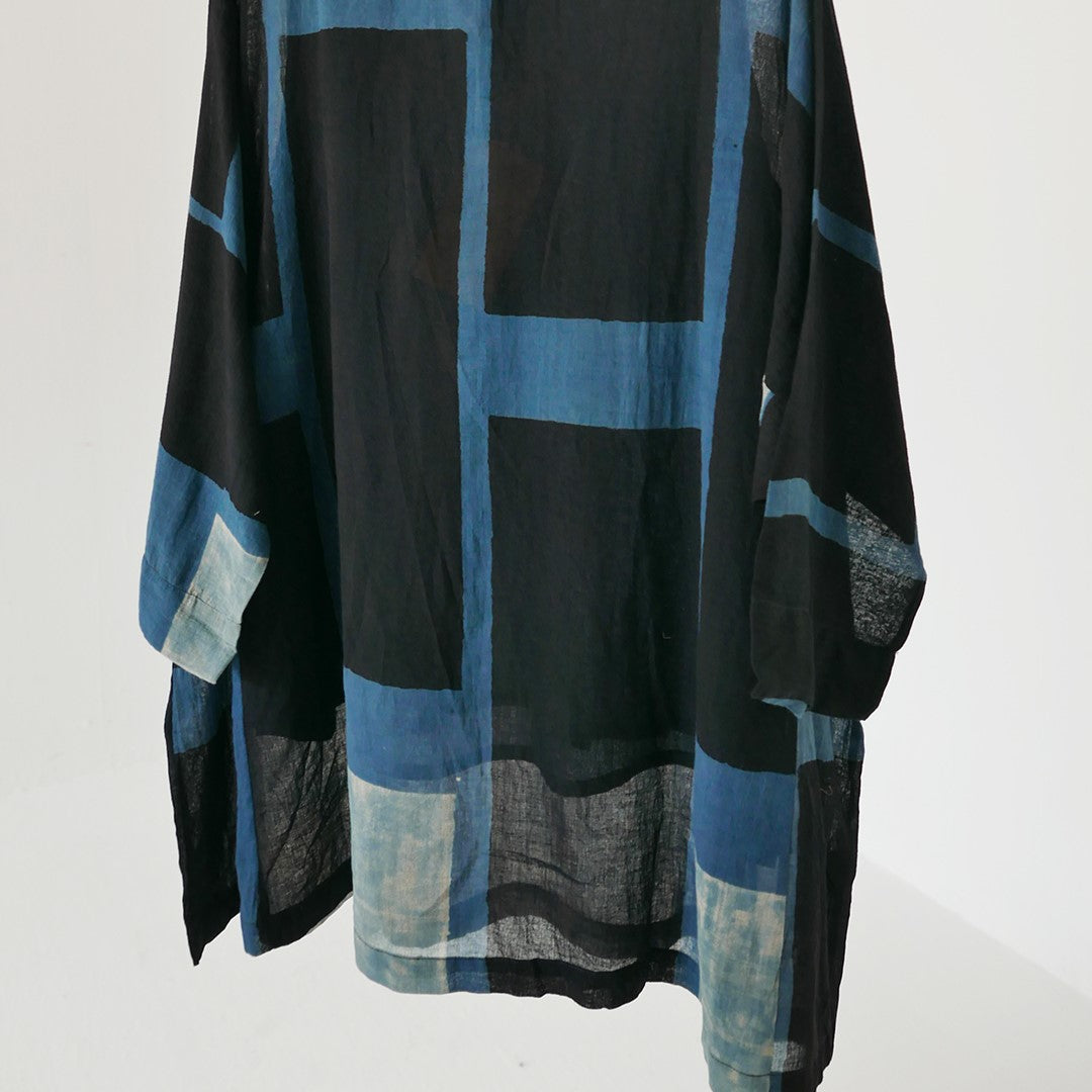 India, Indigene, Kimono Placket tunic w/ under slip (Indigo / Black colour block)
