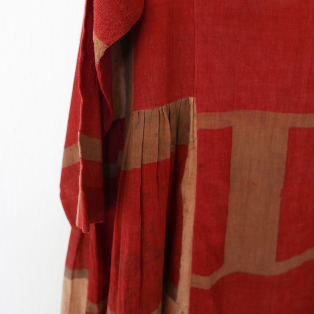 india, Indigene, Side gathered hand printed button-down dress w/ under slip (Rust / Beige colour Block)