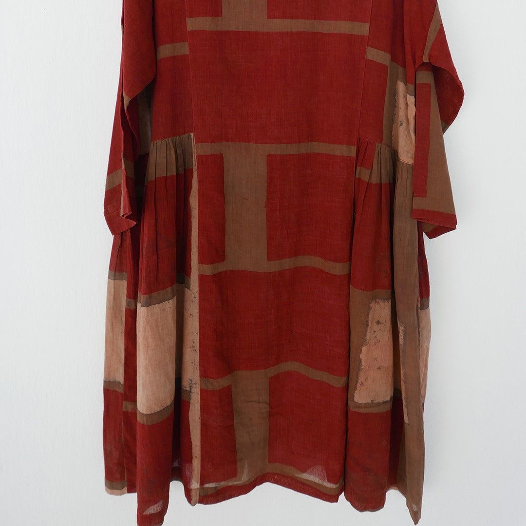 india, Indigene, Side gathered hand printed button-down dress w/ under slip (Rust / Beige colour Block)