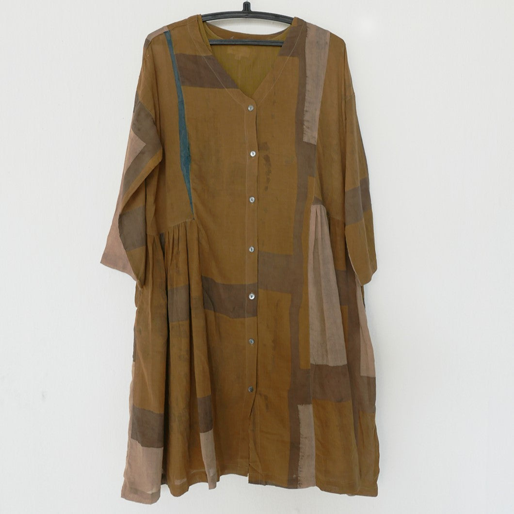 India, Indigene, Side gathered hand printed button-down dress w/ under slip (Ochre/ Beige colour Block)