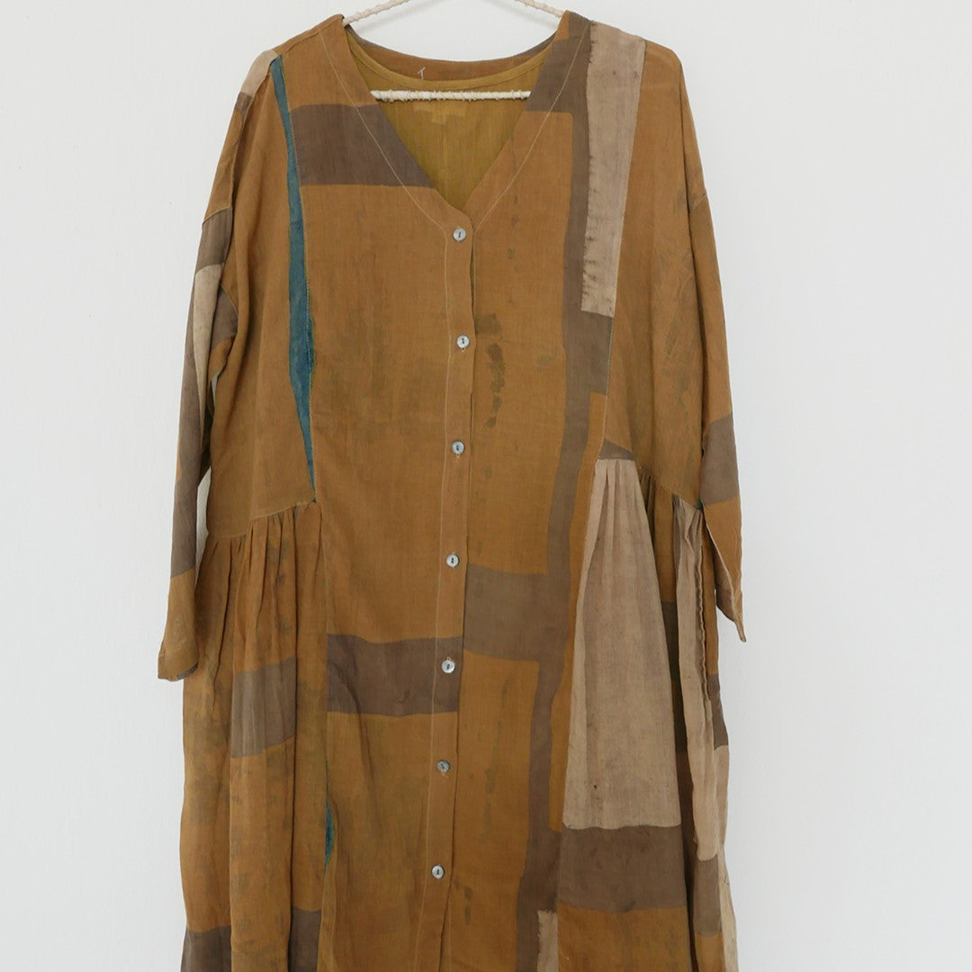 India, Indigene, Side gathered hand printed button-down dress w/ under slip (Ochre/ Beige colour Block)