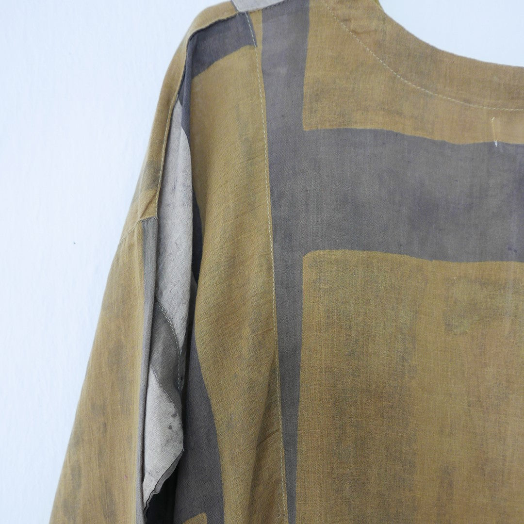 India, Indigene, Side gathered hand printed button-down dress w/ under slip (Ochre/ Beige colour Block)