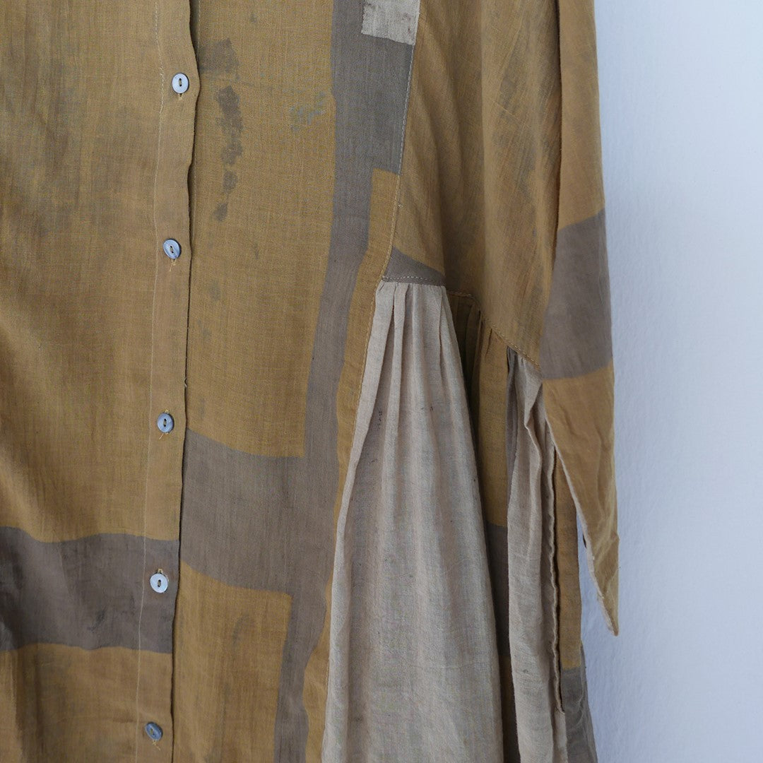 India, Indigene, Side gathered hand printed button-down dress w/ under slip (Ochre/ Beige colour Block)