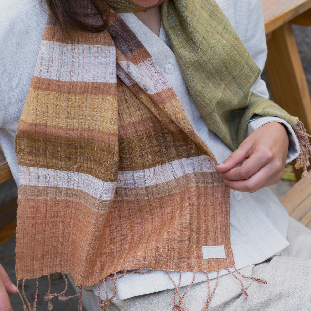India, We are KAL, Striped Eri Silk Scarf, Green